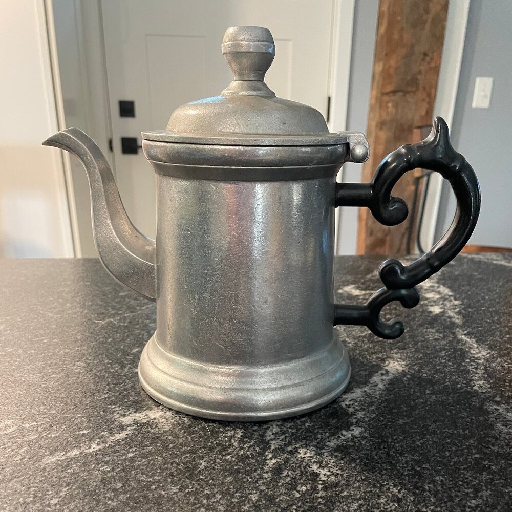 Wilton Armetale Pewter Coffee Pot with Black Handle Shield and Hinged Lid